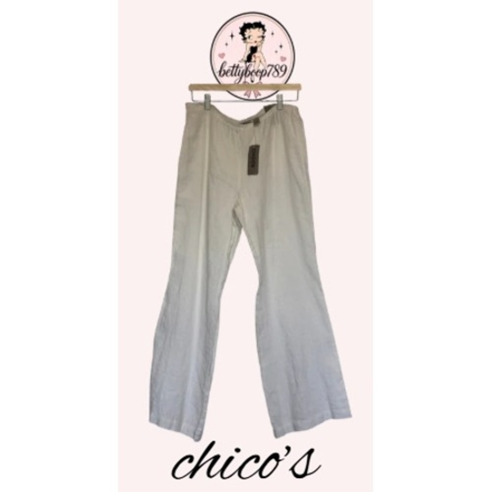 Chicos Relaxed Linen Pants Women White Wide Leg Elastic Waist NEW